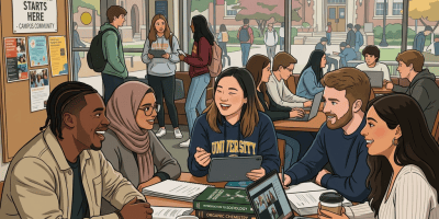 Five university students sitting around a table with books and laptops, smiling and discussing.