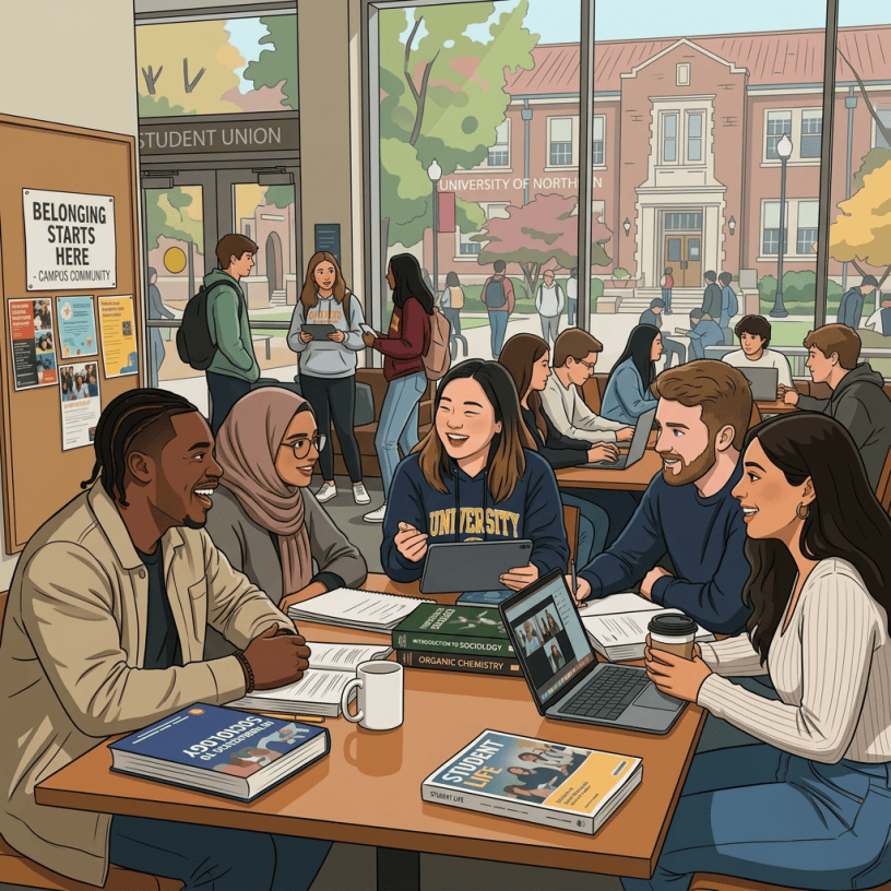 Five university students sitting around a table with books and laptops, smiling and discussing.